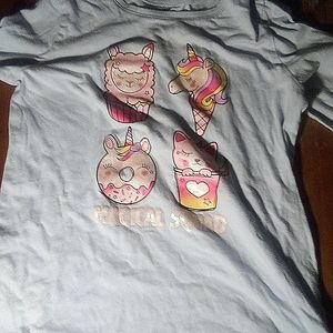 Light blue shirt with cute foods and animals